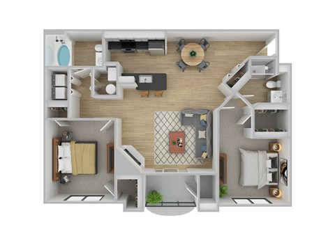 Floor plan for 2 beds, 2 baths, 1073 sqft