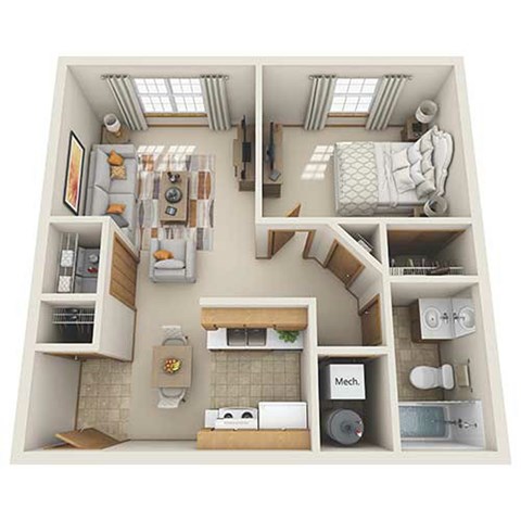 Floor plan for 1 bed, 1 bath, 682 sqft