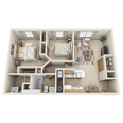 Floor plan for 2 beds, 2 baths, 949 sqft