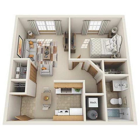 Floor plan for 1 bed, 1 bath, 749 sqft
