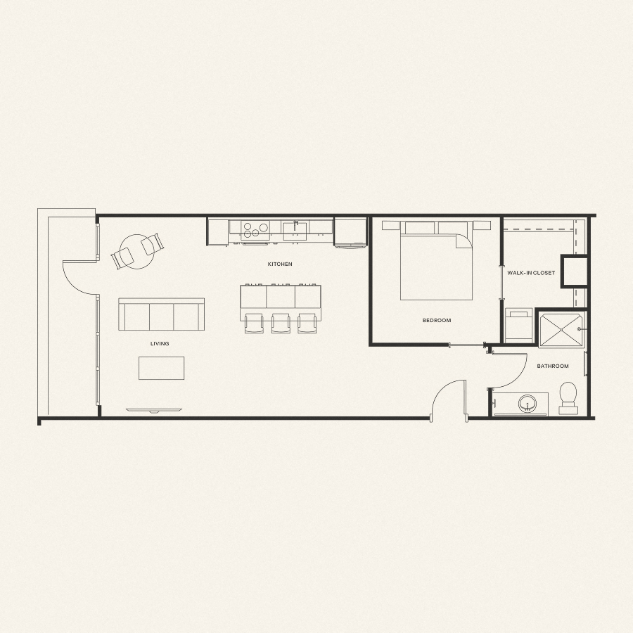 Floor plan for 1 bed, 1 bath, 728 sqft