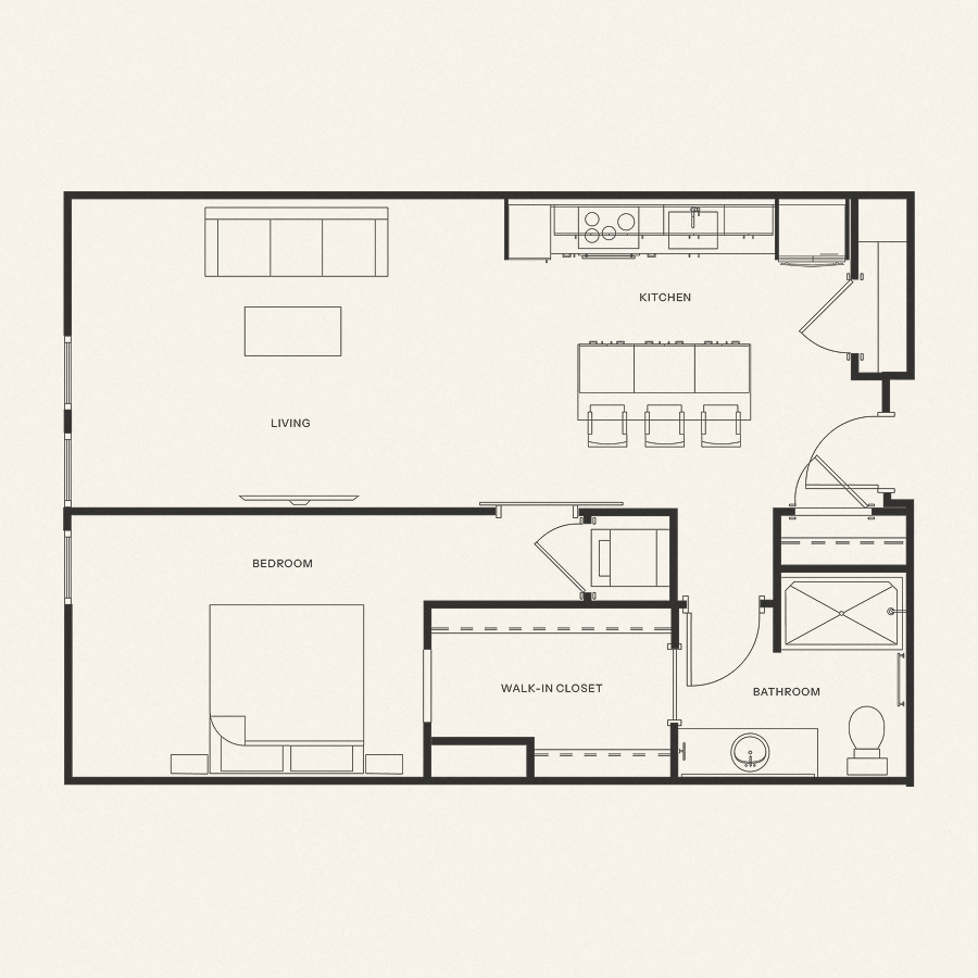 Floor plan for 1 bed, 1 bath, 785 sqft