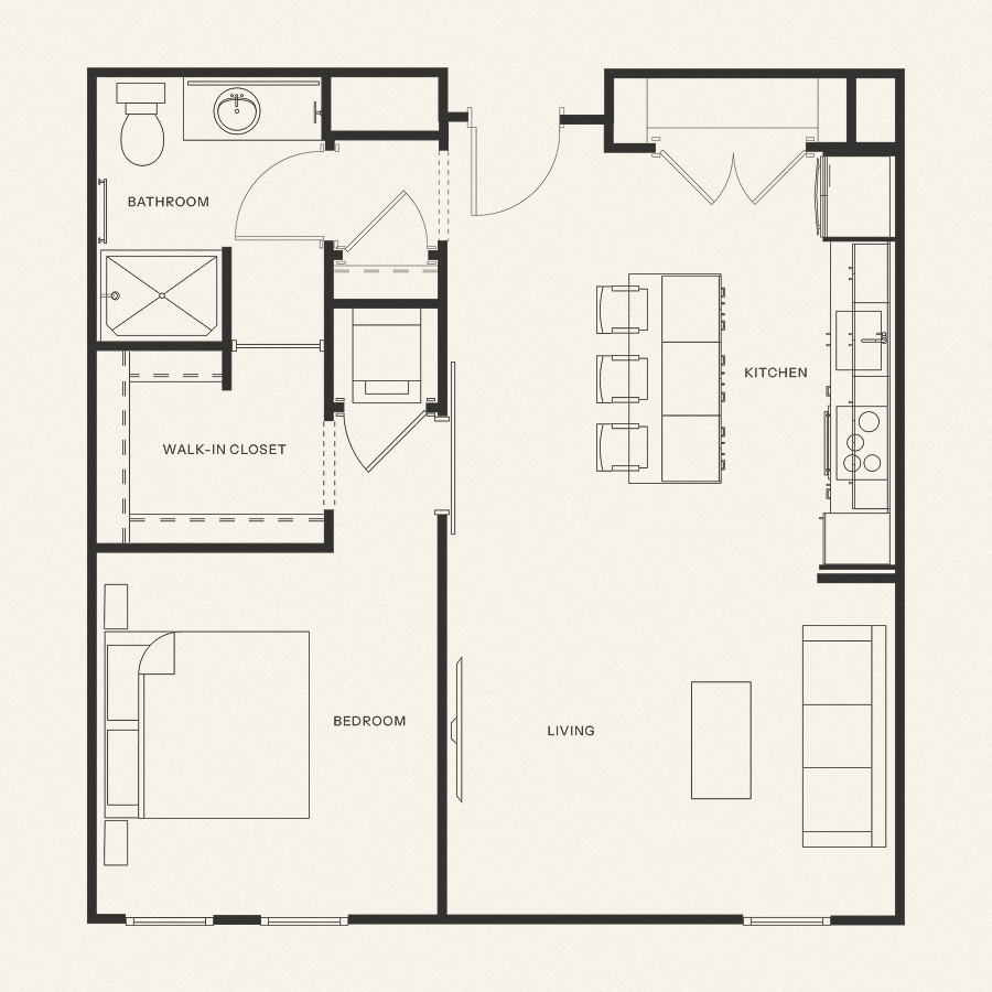Floor plan for 1 bed, 1 bath, 739 sqft