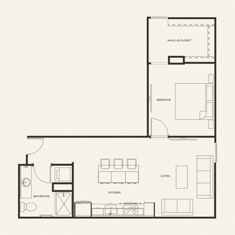 Floor plan for 1 bed, 1 bath, 714 sqft