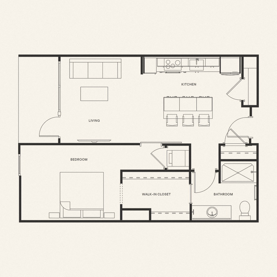Floor plan for 1 bed, 1 bath, 714 sqft