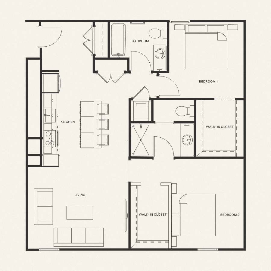 Floor plan for 2 beds, 2 baths, 1057 sqft