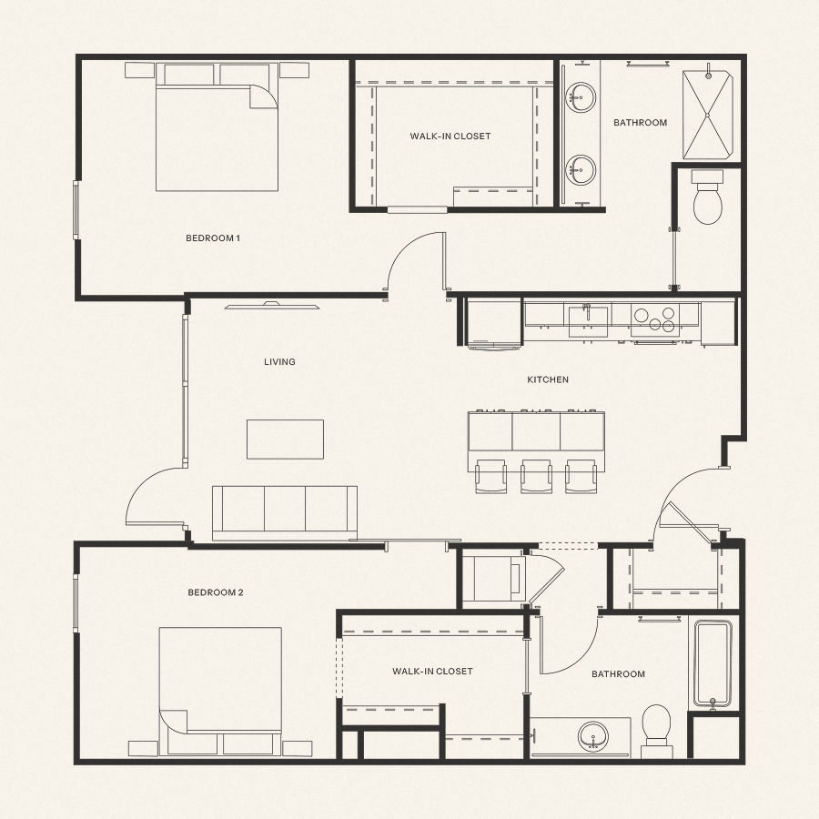 Floor plan for 2 beds, 2 baths, 1127 sqft