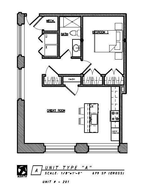 Floor plan for 1 bed, 1 bath, 679 sqft
