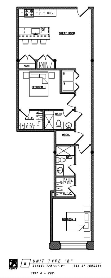 Floor plan for 2 beds, 2 baths, 964 sqft