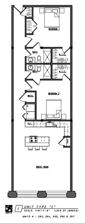 Floor plan for 2 beds, 2 baths, 1249 sqft