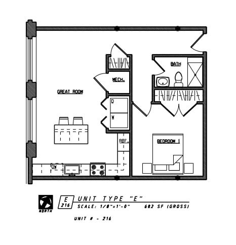 Floor plan for 1 bed, 1 bath, 682 sqft