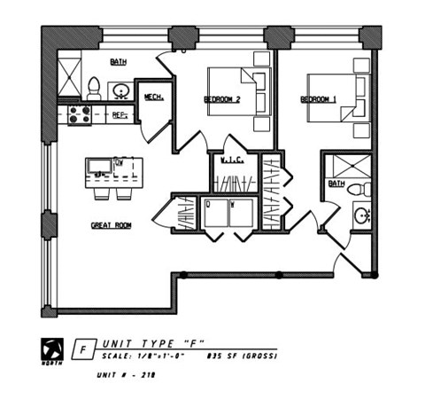 Floor plan for 2 beds, 2 baths, 869 sqft