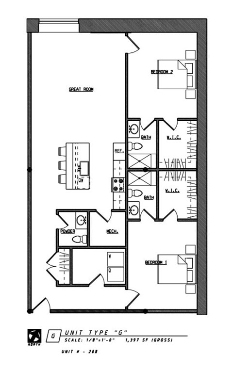 Floor plan for 2 beds, 2 baths, 1397 sqft