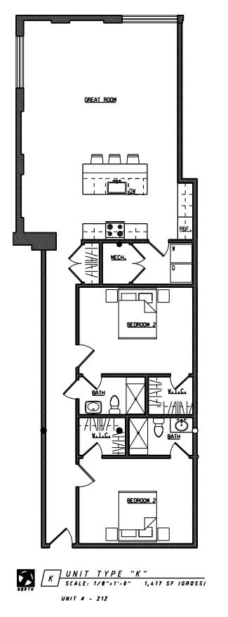 Floor plan for 2 beds, 2 baths, 1417 sqft