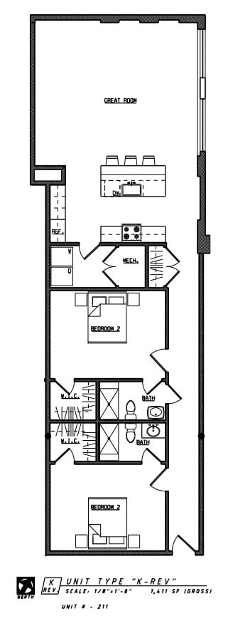 Floor plan for 2 beds, 2 baths, 1411 sqft