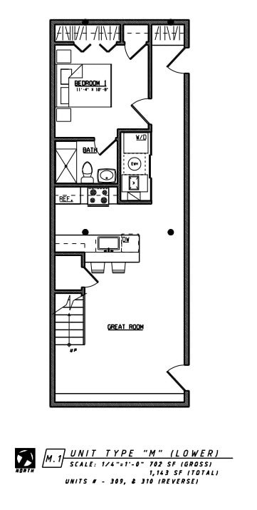 Floor plan for 2 beds, 2 baths, 1143 sqft