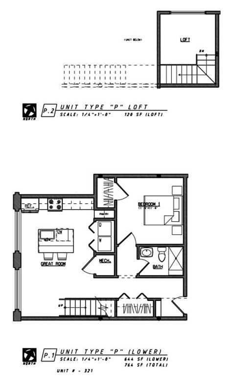 Floor plan for 1 bed, 1 bath, 764 sqft