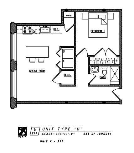 Floor plan for 1 bed, 1 bath, 633 sqft