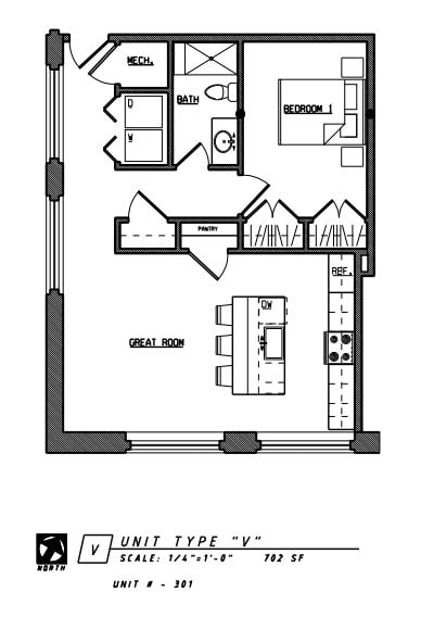 Floor plan for 1 bed, 1 bath, 702 sqft