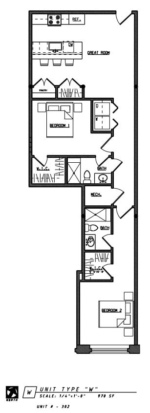 Floor plan for 2 beds, 2 baths, 970 sqft