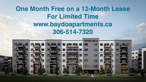 Saskatoon apartment for rent - An apartment complex advertises a free month on a lease for a limited time.