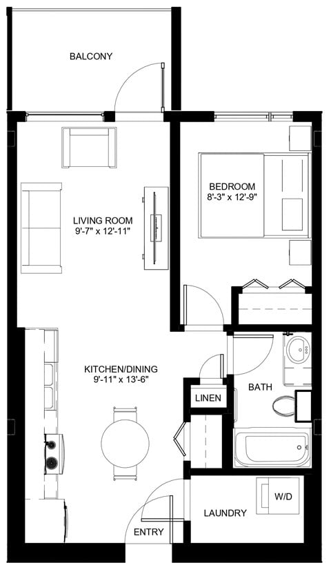 Floor plan for 1 bed, 1 bath, 490 sqft