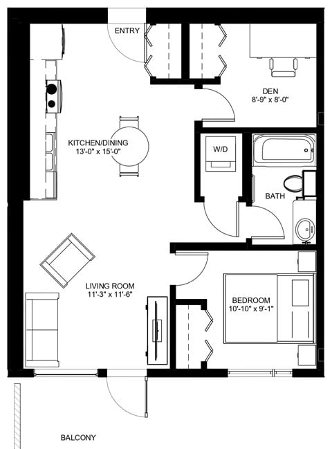 Floor plan for 1 bed, 1 bath, 588 sqft