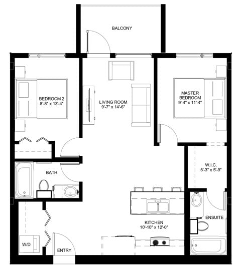 Floor plan for 2 beds, 2 baths, 750 sqft
