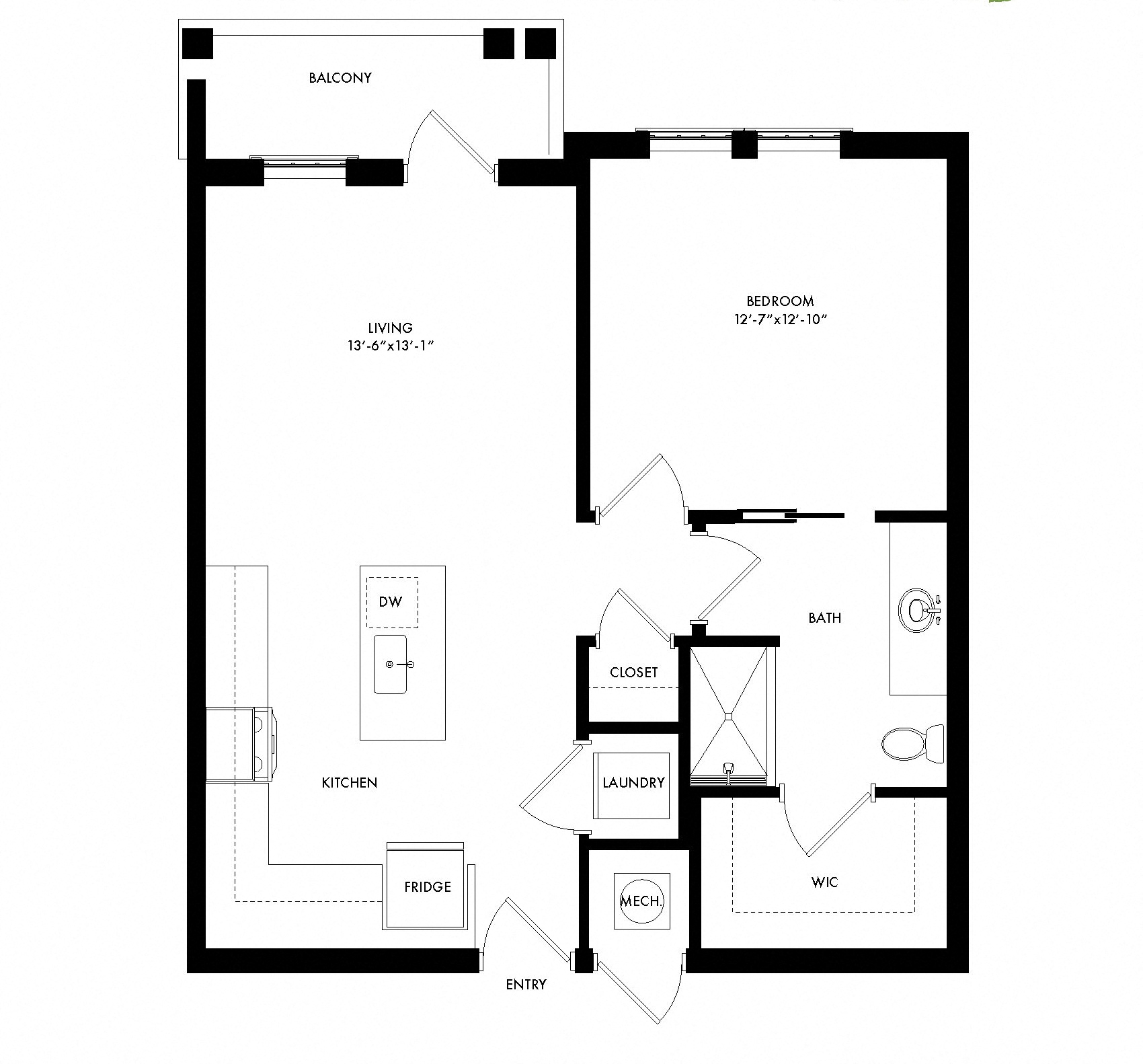 Floor plan for 1 bed, 1 bath, 795 sqft
