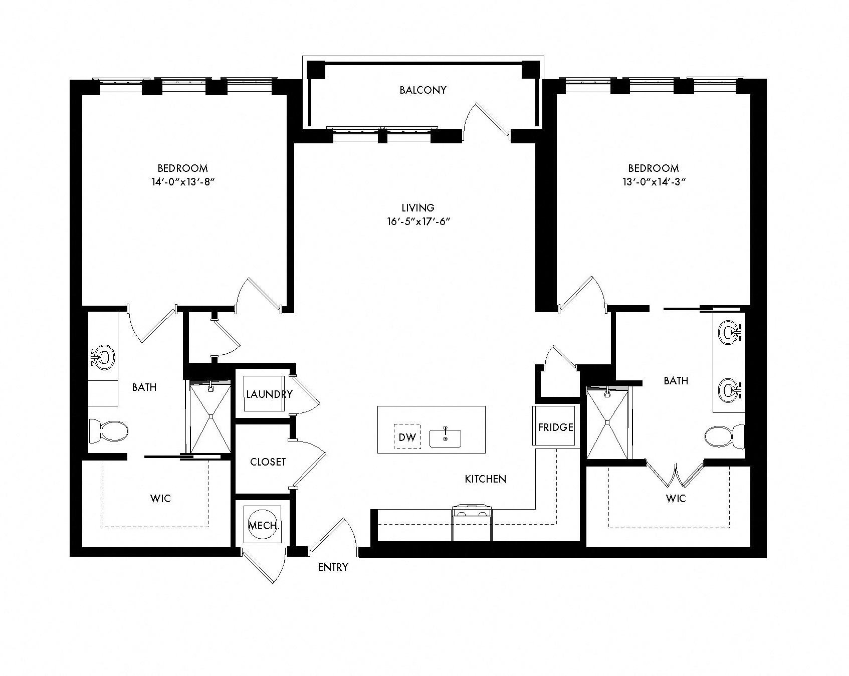 Floor plan for 2 beds, 2 baths, 1405 sqft