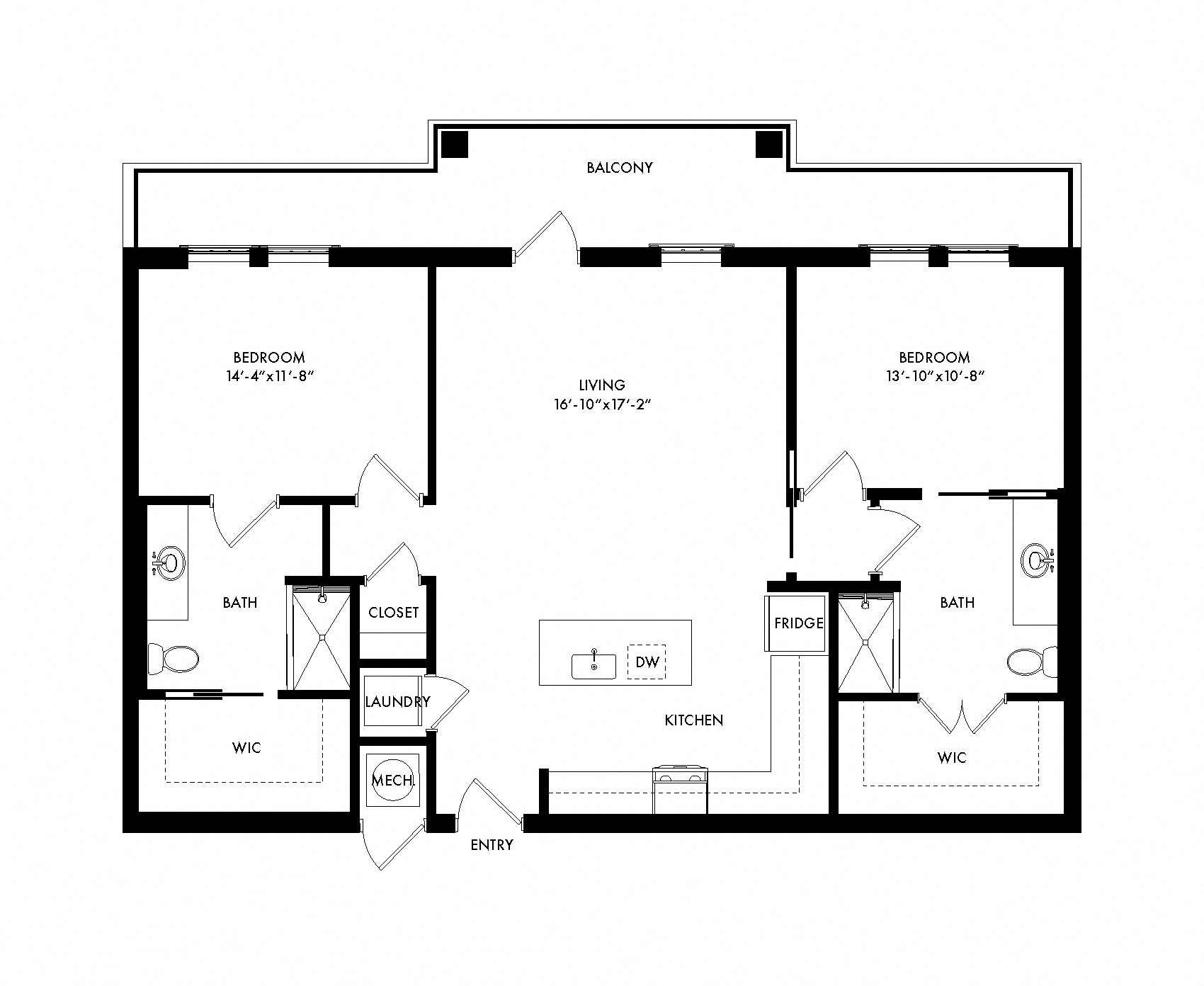Floor plan for 2 beds, 2 baths, 1297 sqft