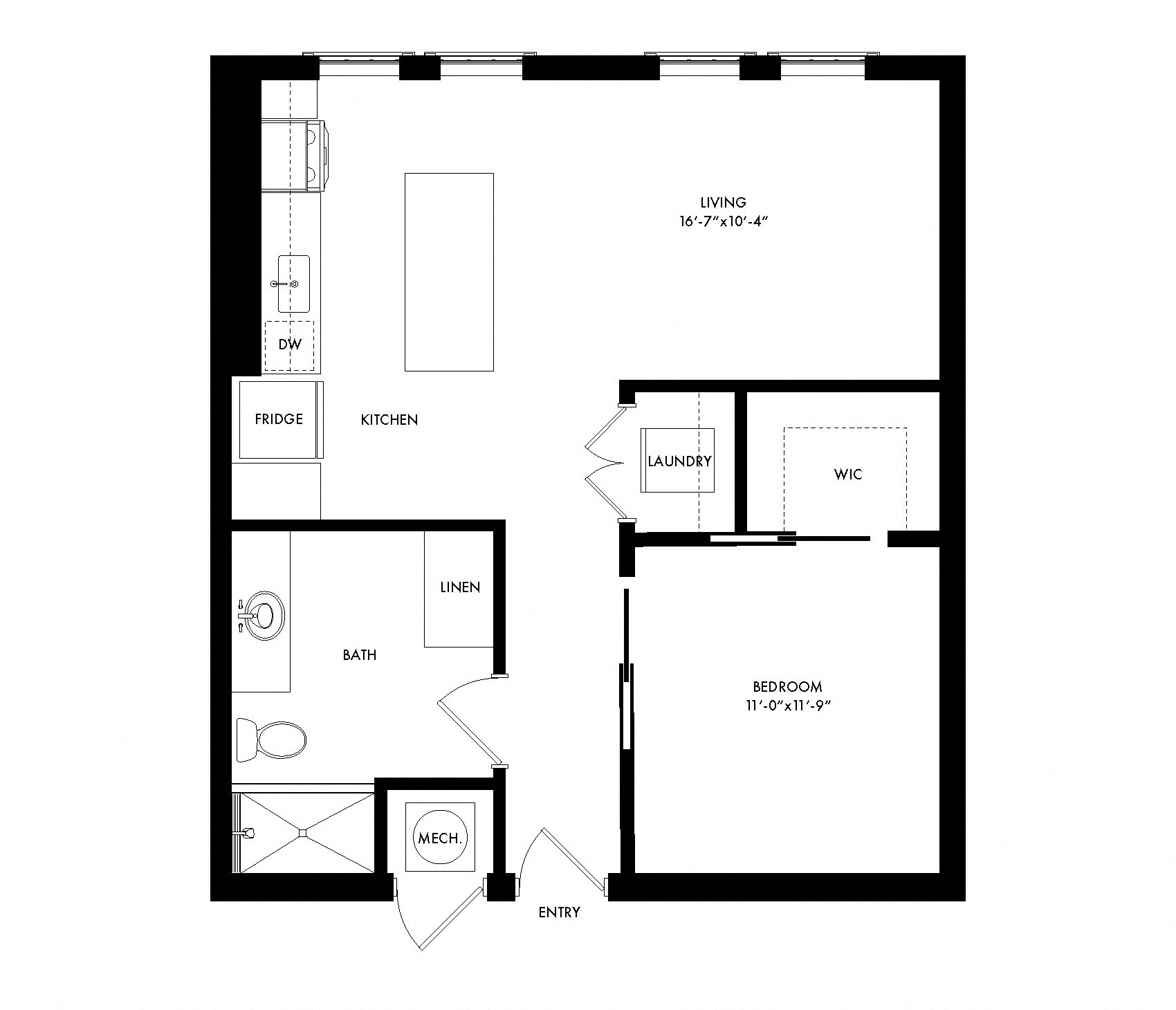 Floor plan for 1 bed, 1 bath, 772 sqft