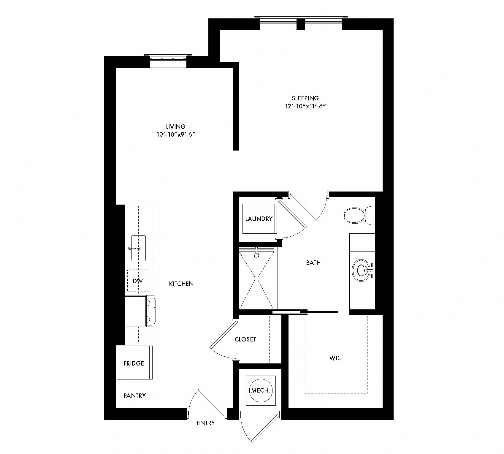 Floor plan for studio, 1 bath, 614 sqft