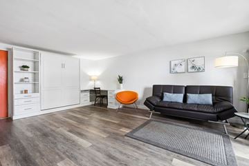 Honolulu apartment for rent - A living room with a black couch and a grey rug.