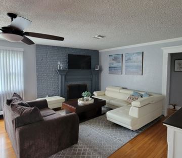 Lakeland apartment for rent - A living room with a brown couch, a white couch, and a fireplace.
