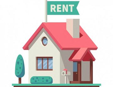 Barrie house for rent - A cartoon image of a house with a red roof and a sign that says "RENT".