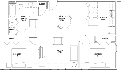 Floor plan for 2 beds, 1 bath, 940 sqft