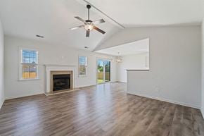 Richlands house for rent - A spacious room with a fireplace and a ceiling fan.