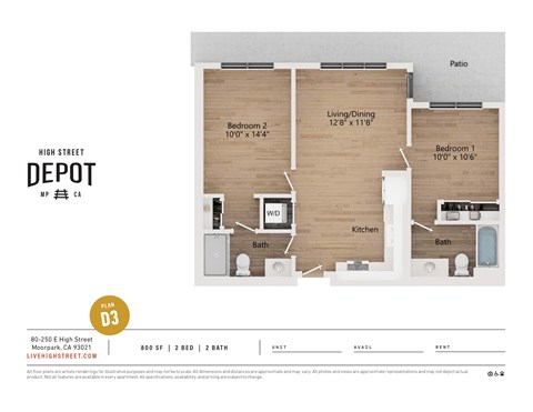 Floor plan for 2 beds, 2 baths, 800 sqft