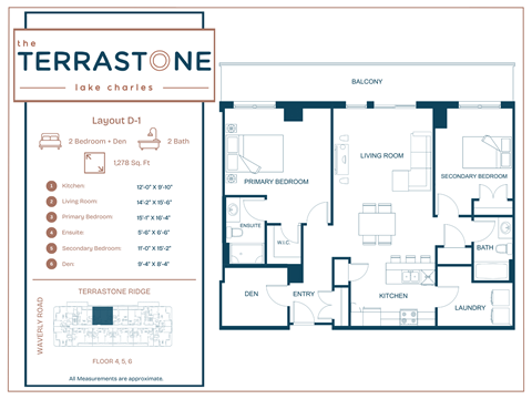 Floor plan for 2 beds, 2 baths, 1278 sqft