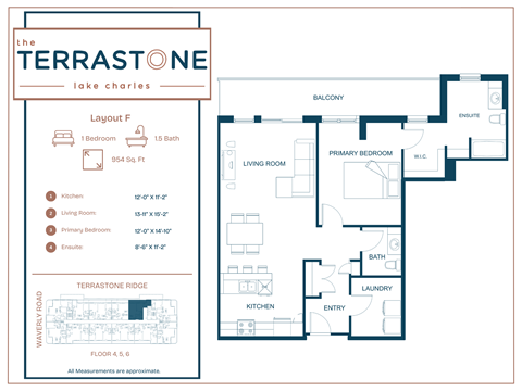 Floor plan for 1 bed, 1.5 baths, 954 sqft