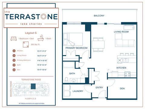 Floor plan for 1 bed, 1 bath, 951 sqft