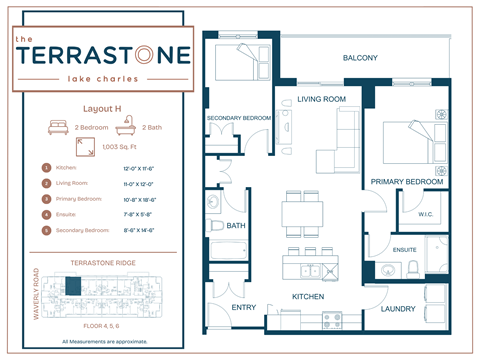Floor plan for 2 beds, 2 baths, 1003 sqft