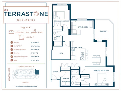 Floor plan for 2 beds, 2 baths, 1332 sqft