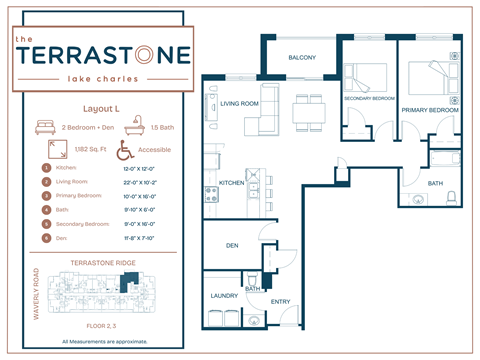 Floor plan for 2 beds, 1.5 baths, 1182 sqft