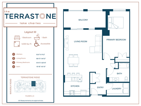 Floor plan for 1 bed, 1 bath, 1039 sqft