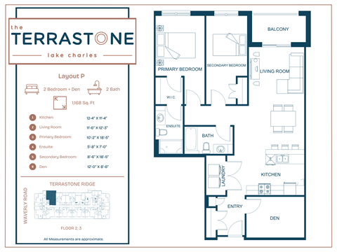 Floor plan for 2 beds, 2 baths, 1168 sqft