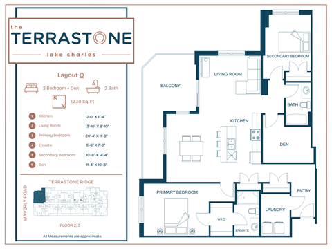 Floor plan for 2 beds, 2 baths, 1330 sqft