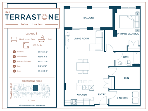 Floor plan for 1 bed, 1 bath, 1039 sqft