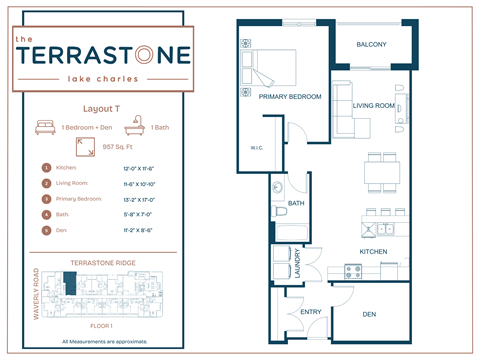 Floor plan for 1 bed, 1 bath, 957 sqft